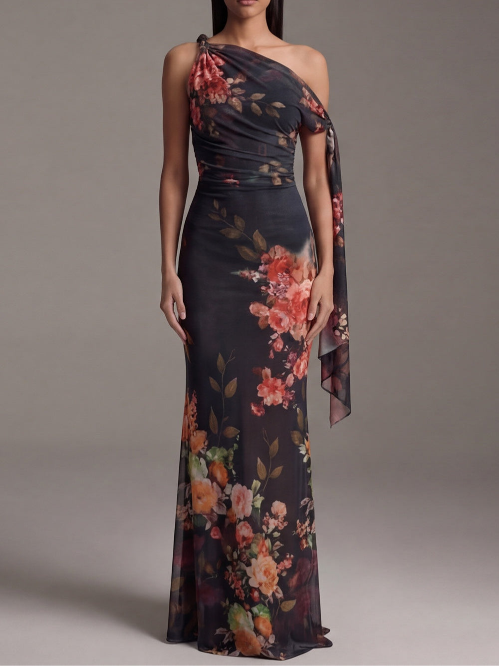 VALENCIA | ONE-SHOULDER PRINTED CHIFFON MAXI DRESS
