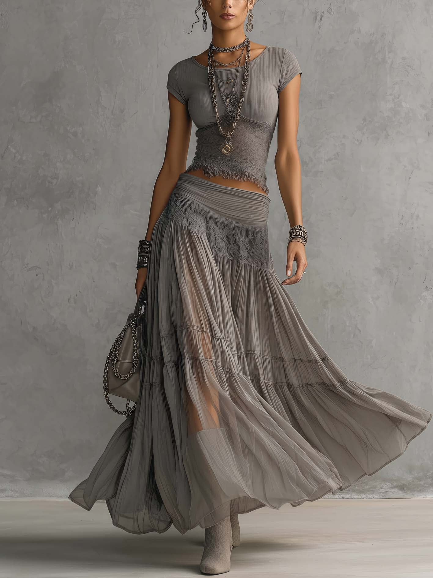MIRELLA | SHEER LACE-PANELED MAXI SKIRT SET