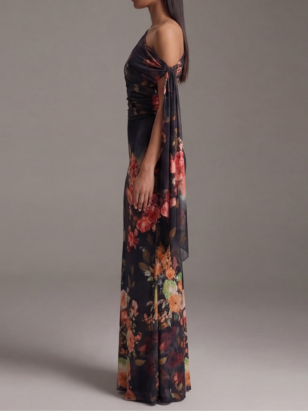 VALENCIA | ONE-SHOULDER PRINTED CHIFFON MAXI DRESS