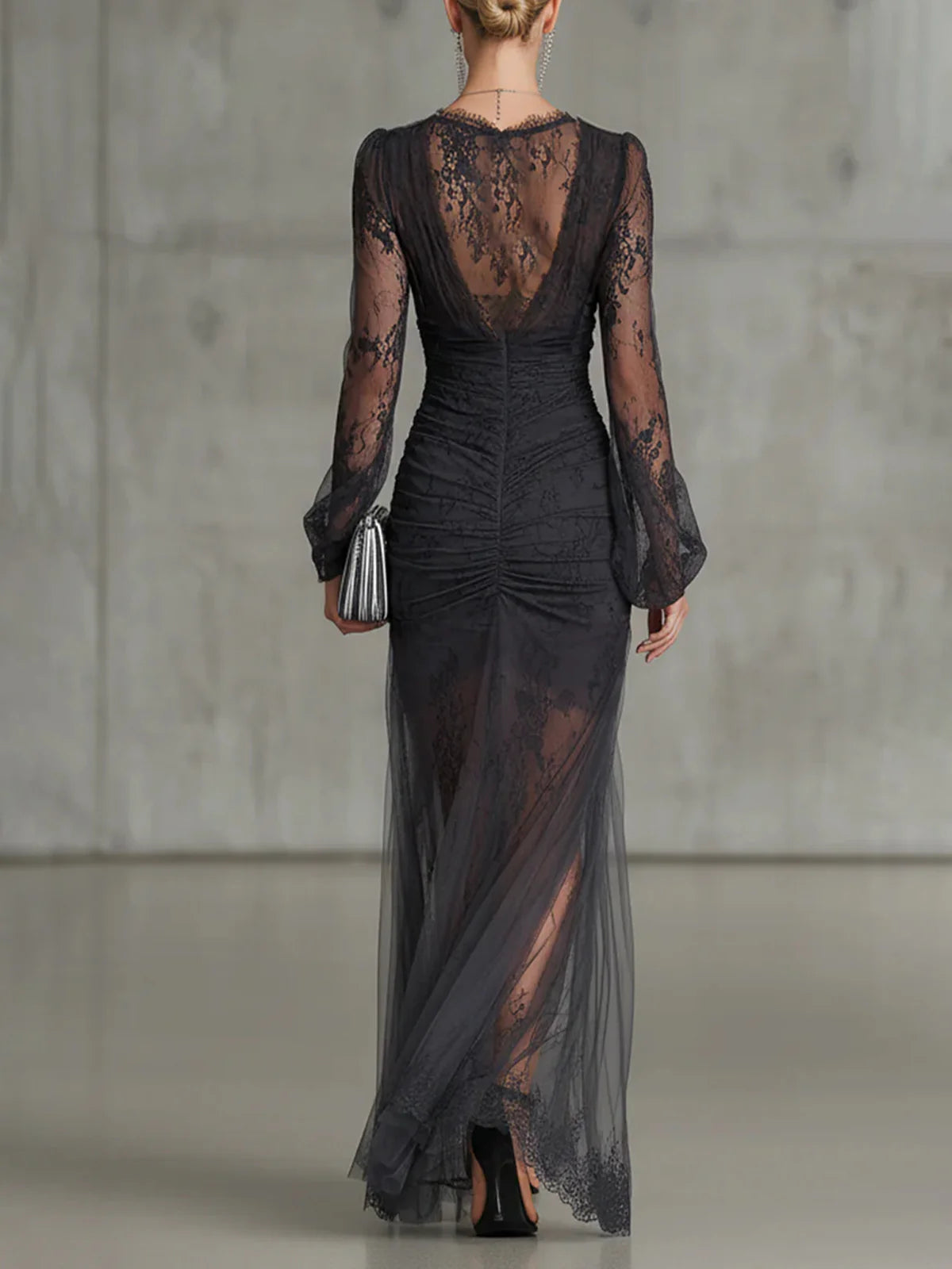 ESTELLA | LACE RUCHED LONG-SLEEVE MAXI DRESS