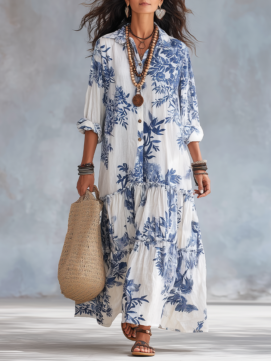 DAHLIA | BOHEMIAN BLUE FLORAL TIERED MAXI DRESS