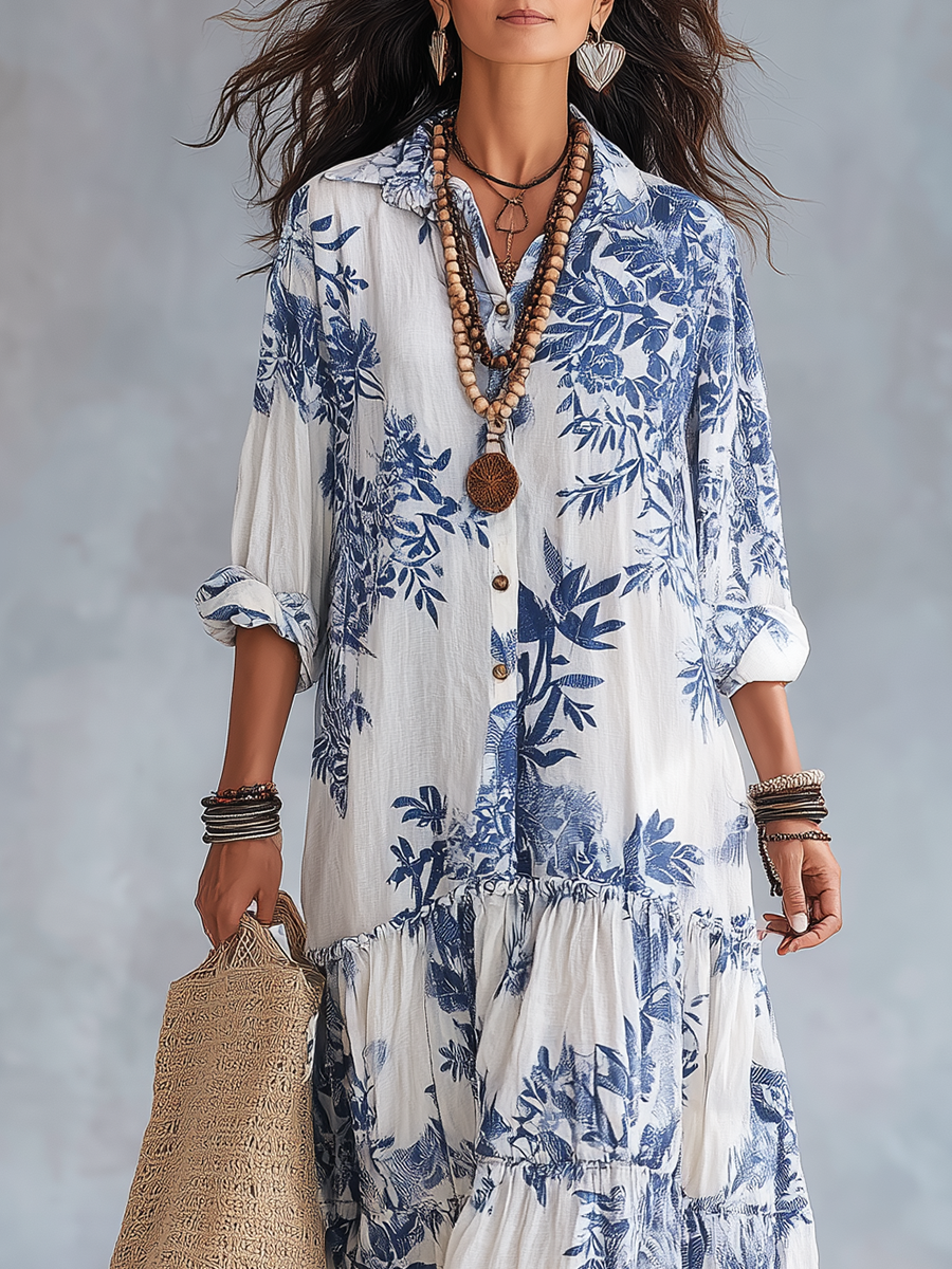 DAHLIA | BOHEMIAN BLUE FLORAL TIERED MAXI DRESS