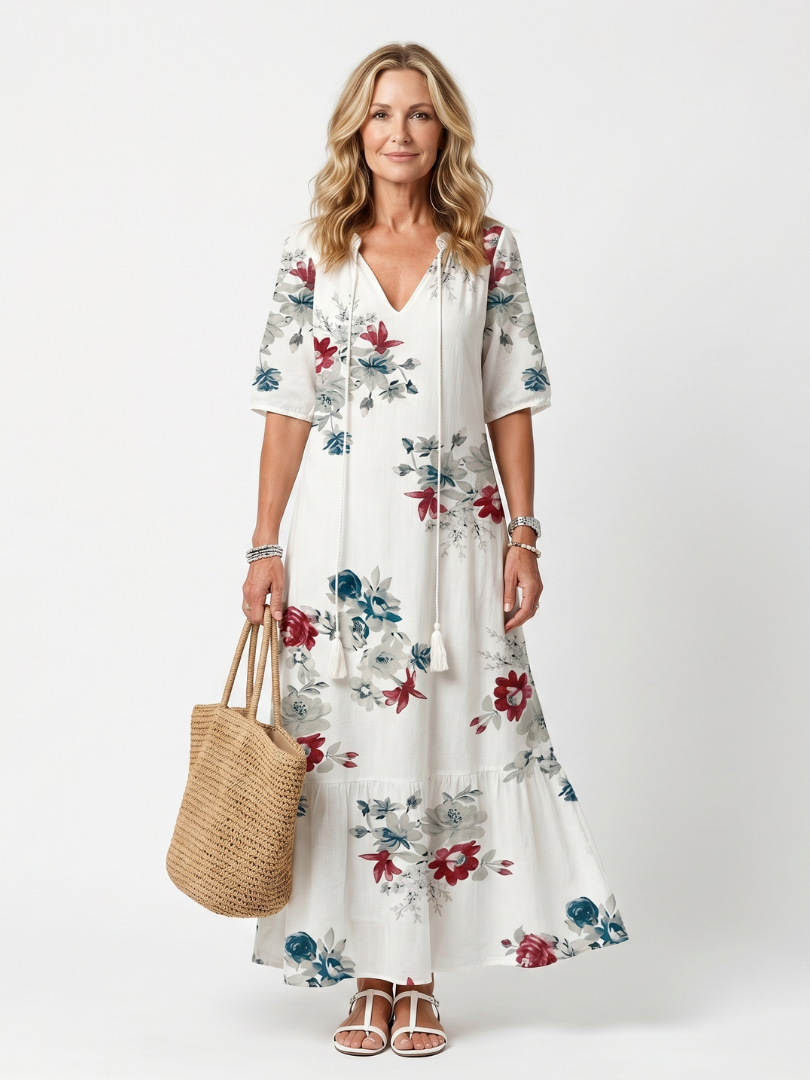 ODETTE | SCATTERED FLORAL TASSEL TIE MIDI DRESS