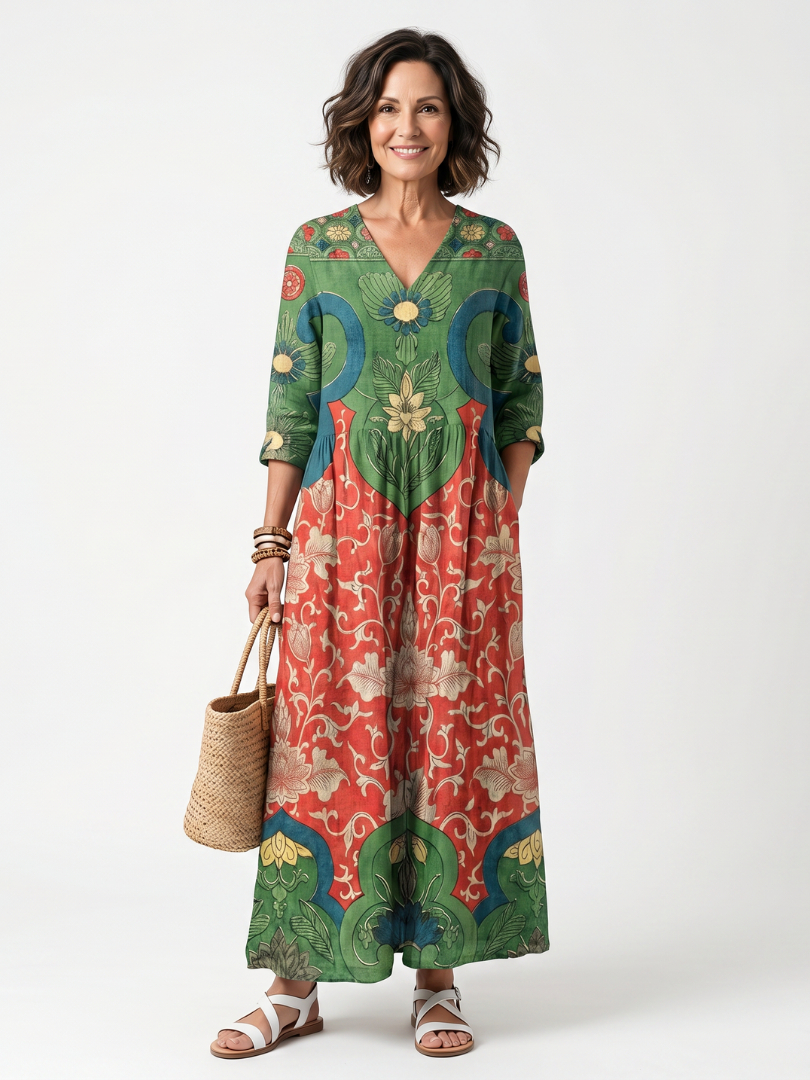 ROSALIE | MIXED PRINT V NECK POCKET MIDI DRESS