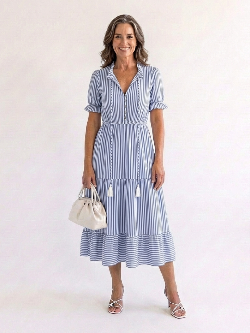 ANOUK | SHORT SLEEVE STRIPED TIERED MIDI DRESS