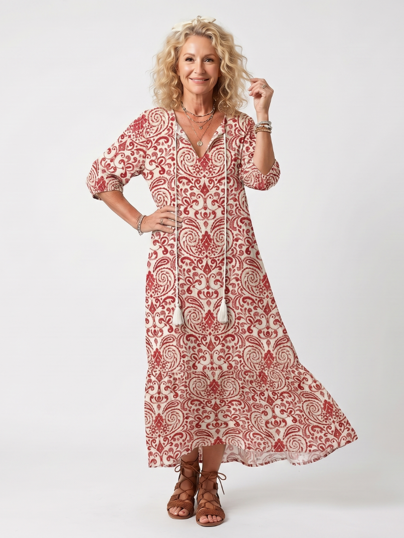 CELESTE | ORNATE PRINT TASSEL TIE MIDI DRESS