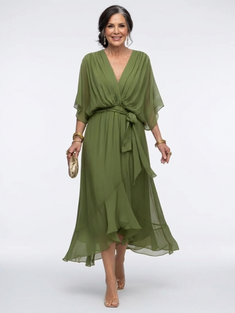 WILHELMINA | V NECK DRAPED WAIST TIE MIDI DRESS