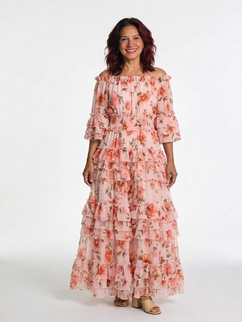 ADELHEID | OFF SHOULDER FLORAL RUFFLE TIERED MAXI DRESS