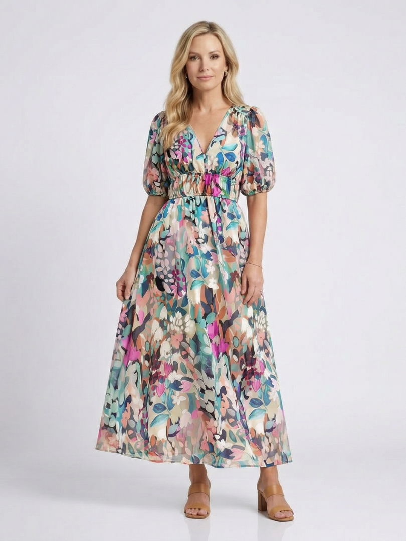 INES | V NECK SHORT SLEEVE GATHERED WAIST MIDI DRESS