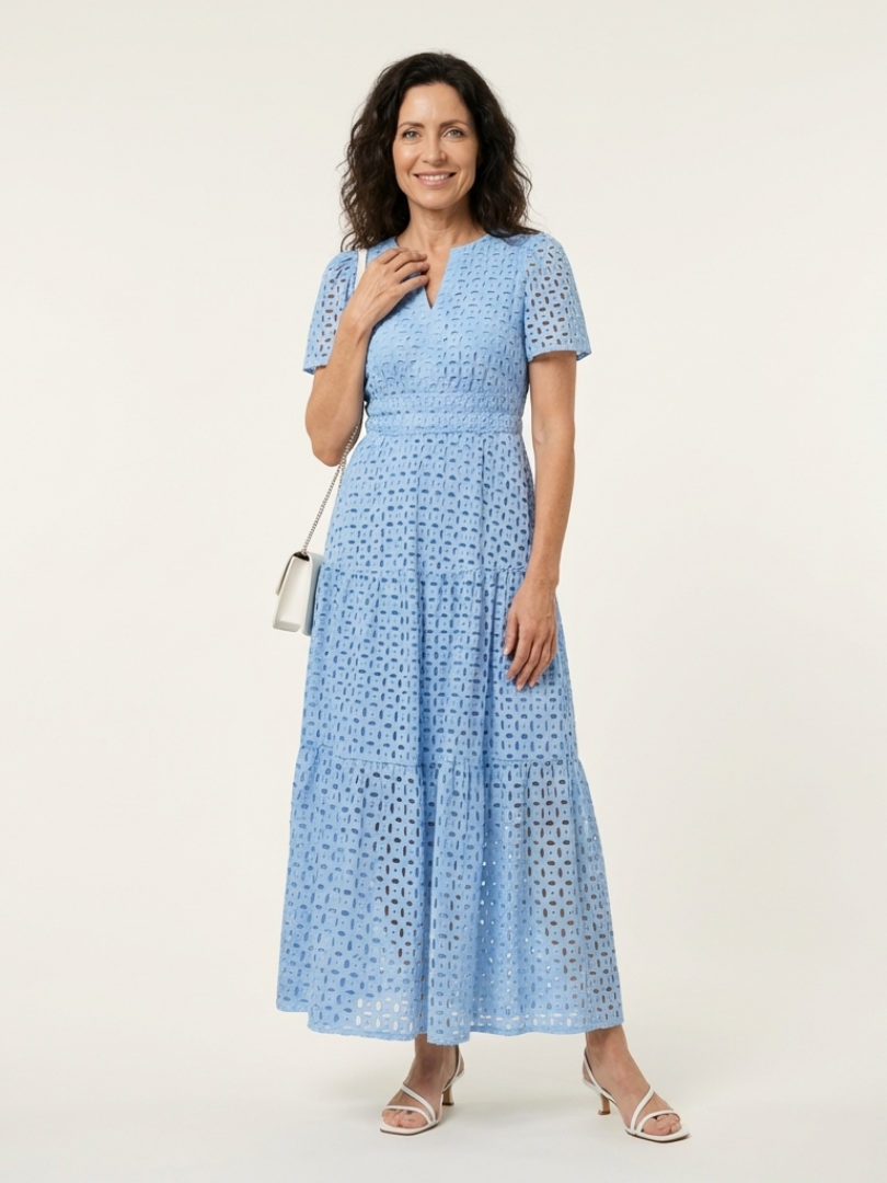 MAREN | V NECK SHORT SLEEVE TIERED MIDI DRESS