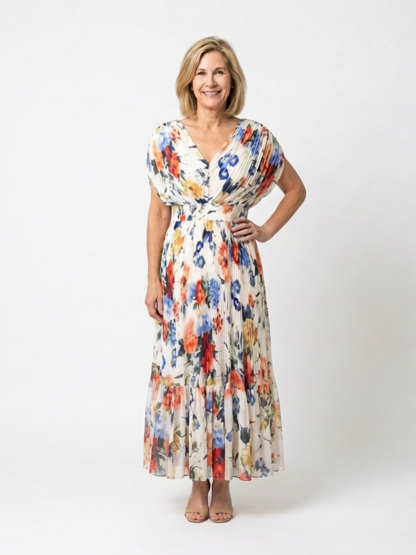 FAUSTINE | SHORT SLEEVE PLEATED FLORAL MIDI DRESS