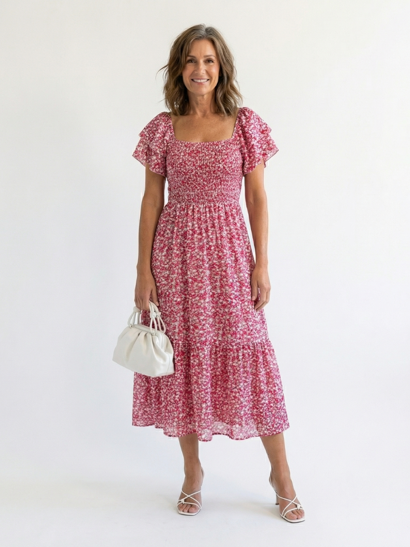 SOLVEIG | OFF SHOULDER FLORAL SMOCKED MIDI DRESS