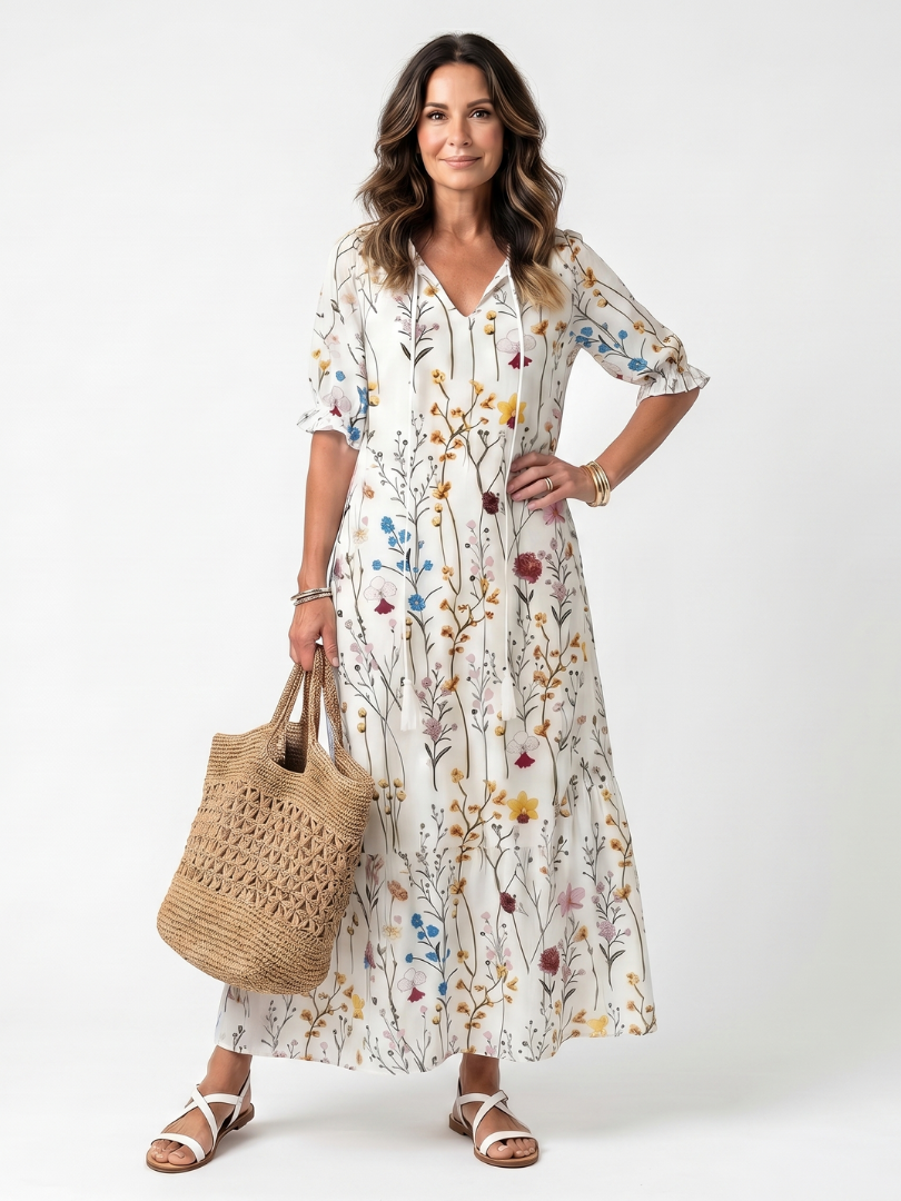 SERAPHINA | BOTANICAL PRINT TASSEL TIE MIDI DRESS