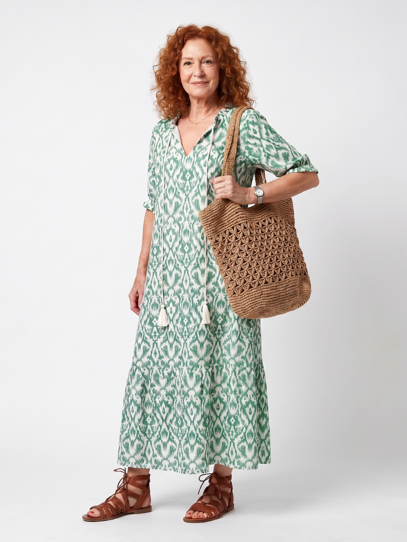 GIULIA | PATTERN V NECK TASSEL MIDI DRESS