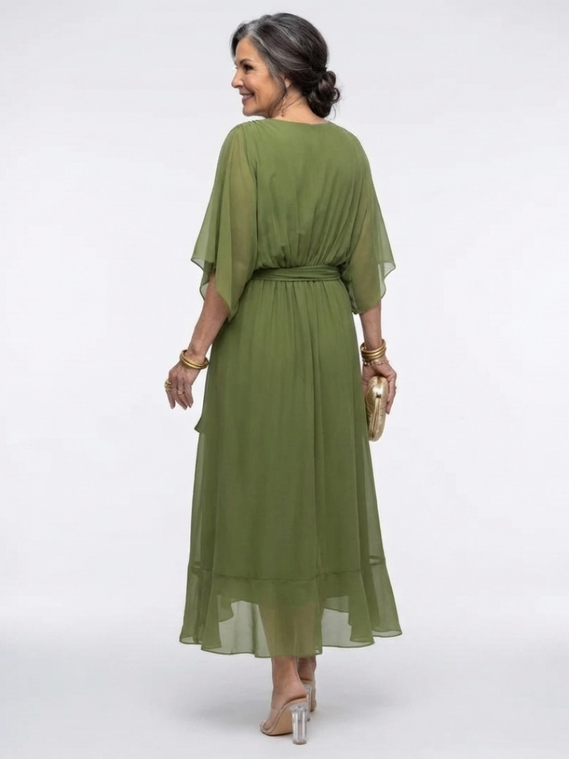 WILHELMINA | V NECK DRAPED WAIST TIE MIDI DRESS