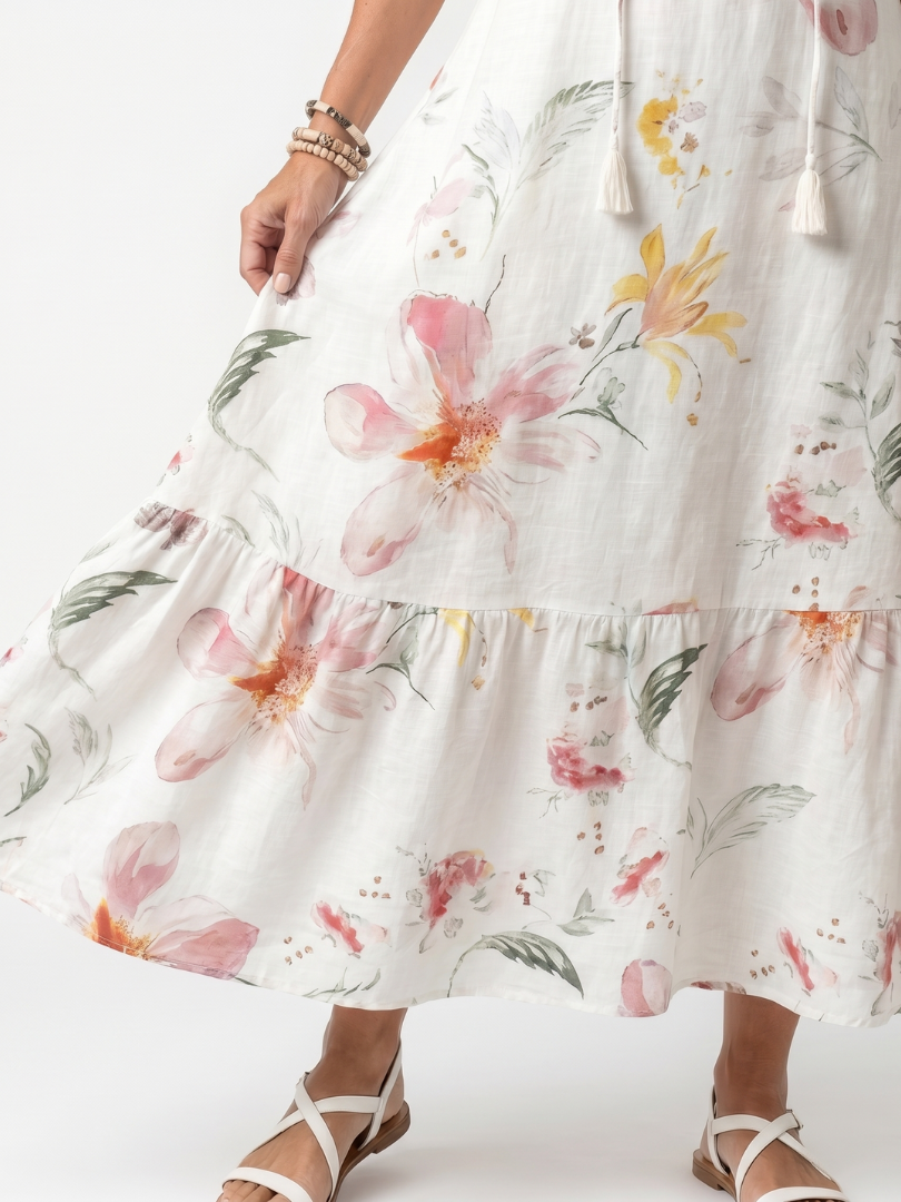 VALENTINA | SOFT FLORAL TIERED TASSEL MIDI DRESS