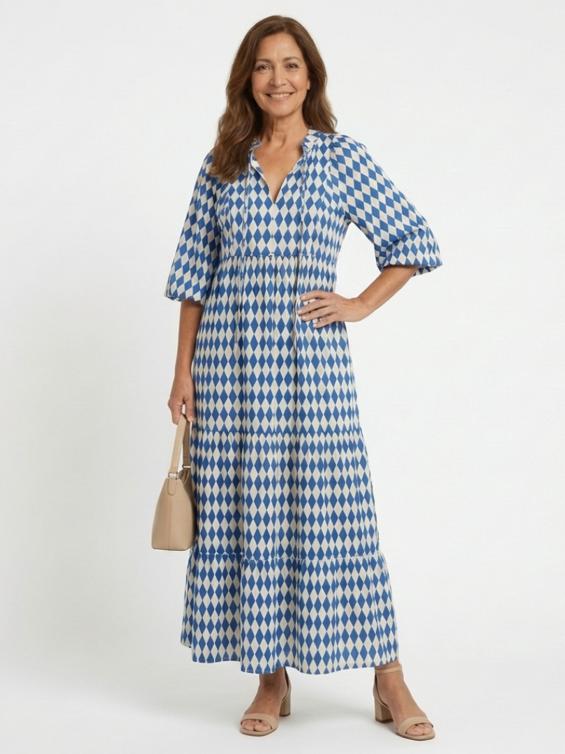ROMY | DIAMOND PRINT TIERED MIDI DRESS