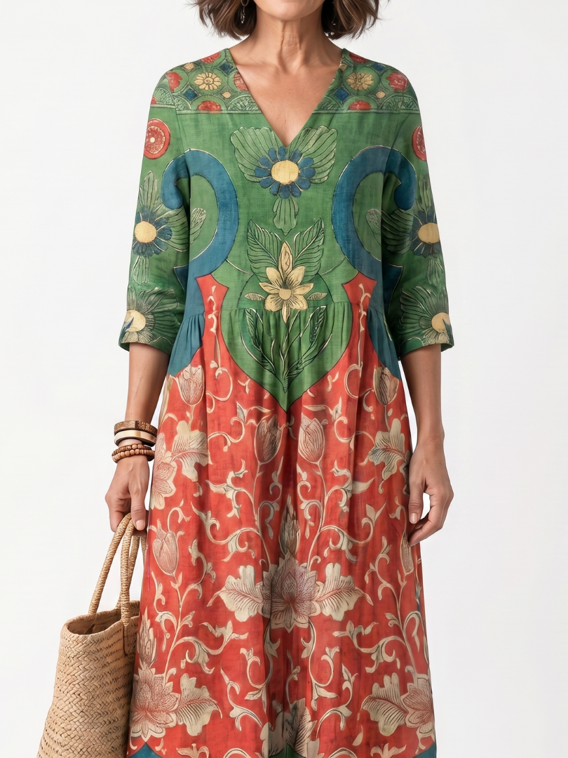 ROSALIE | MIXED PRINT V NECK POCKET MIDI DRESS