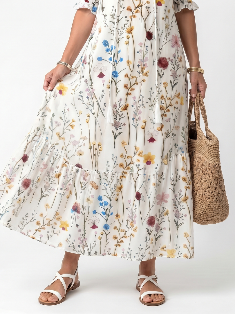 SERAPHINA | BOTANICAL PRINT TASSEL TIE MIDI DRESS