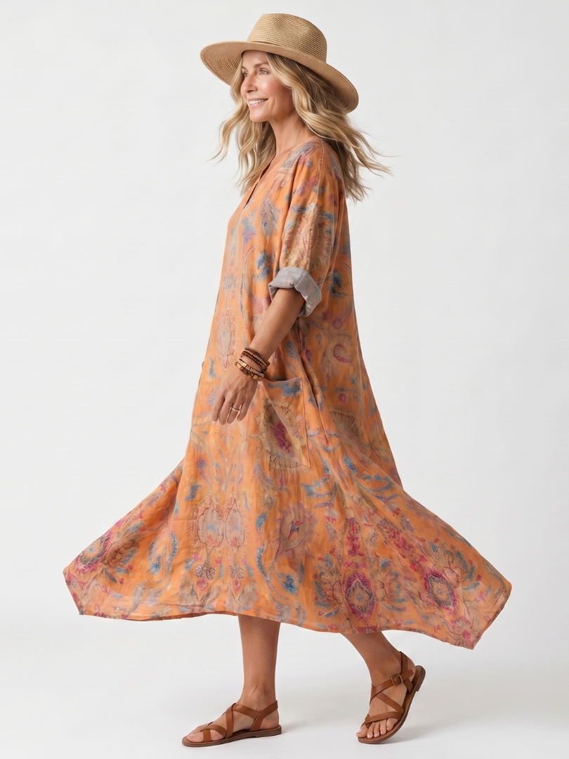 MARGAUX | NOTCH NECK PRINTED OVERSIZED POCKET MIDI DRESS