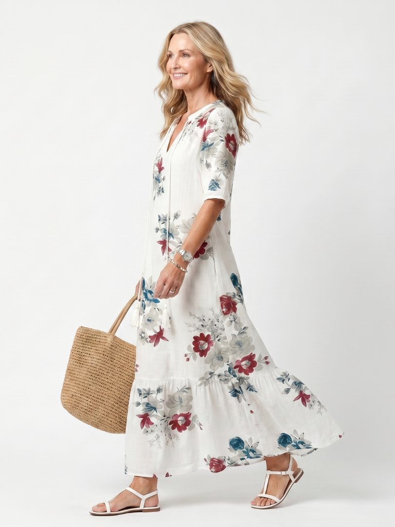 ODETTE | SCATTERED FLORAL TASSEL TIE MIDI DRESS