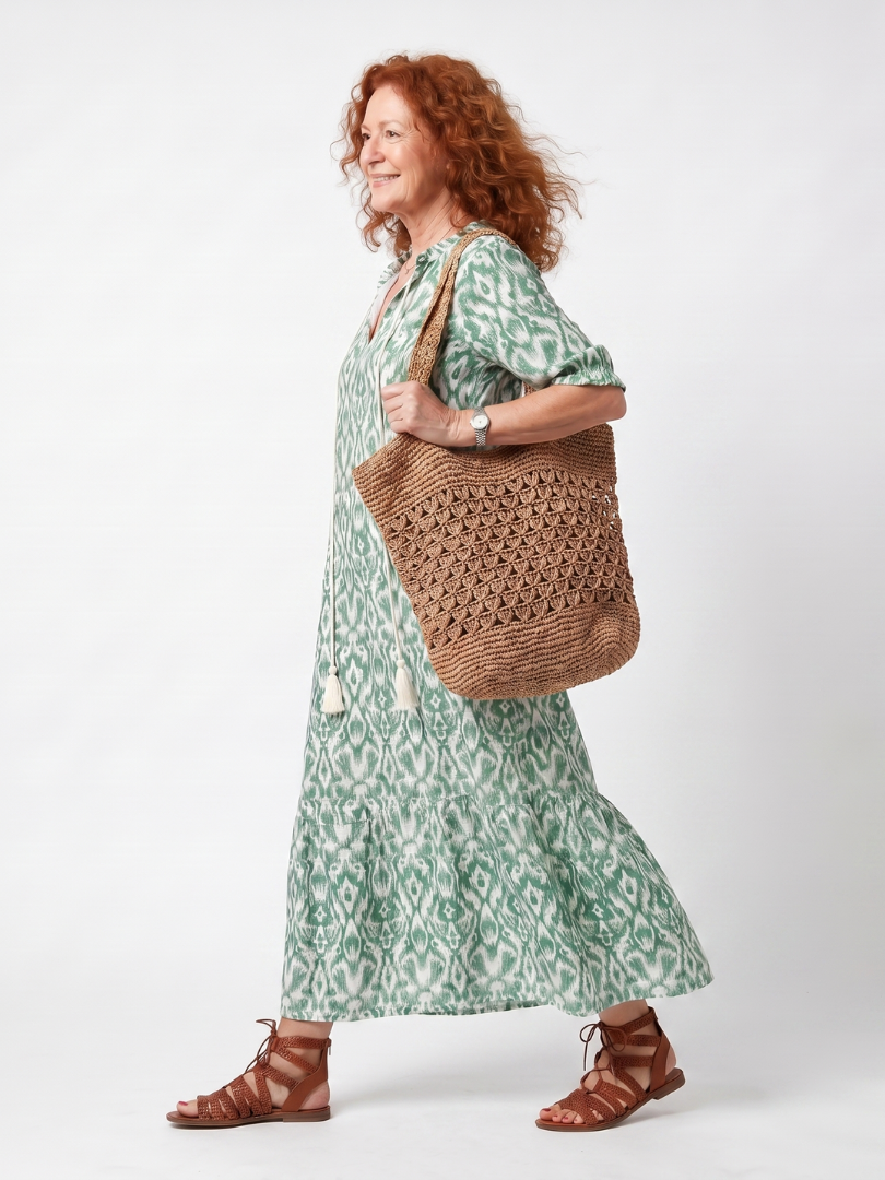 GIULIA | PATTERN V NECK TASSEL MIDI DRESS