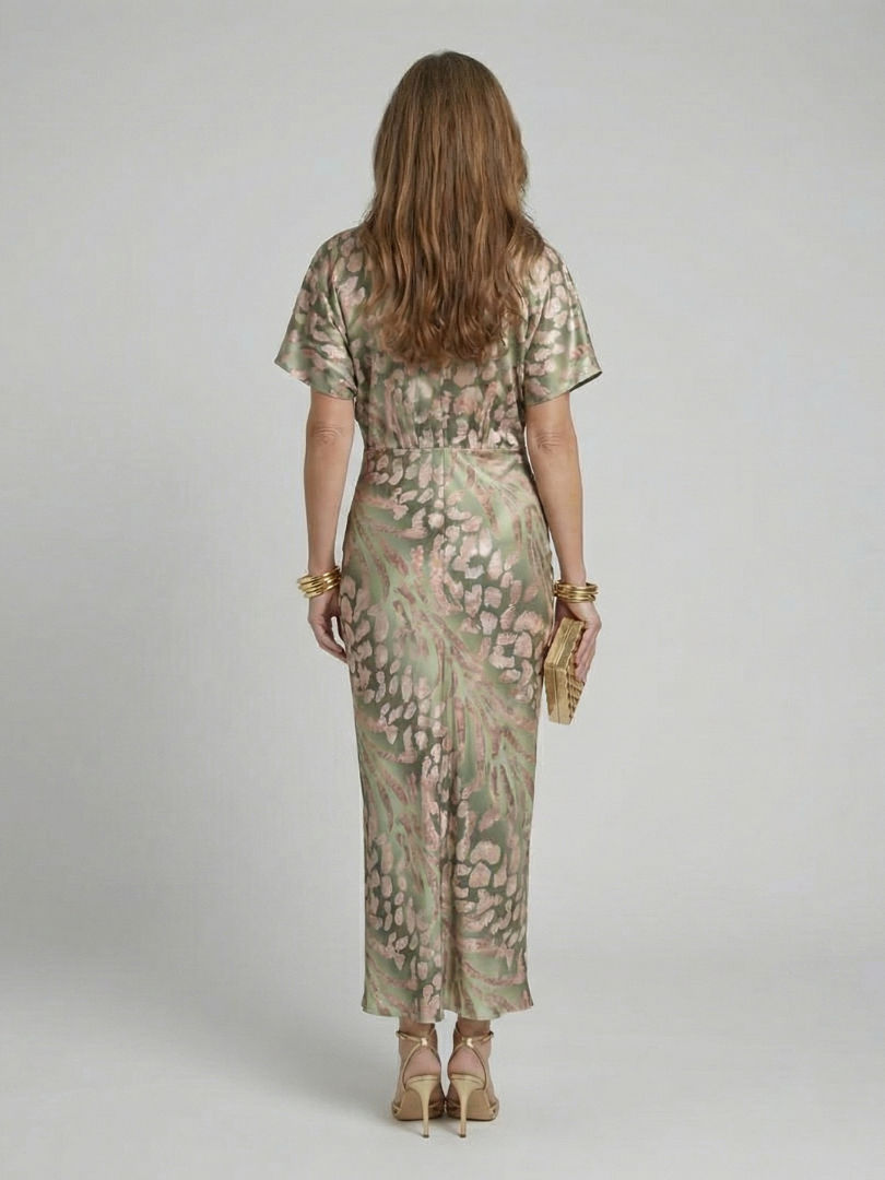 THESSALY | ABSTRACT PRINT V NECK TWIST WAIST MIDI DRESS