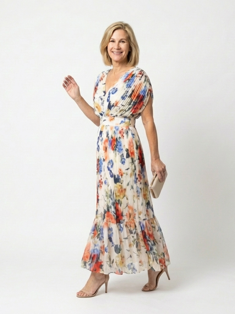 FAUSTINE | SHORT SLEEVE PLEATED FLORAL MIDI DRESS