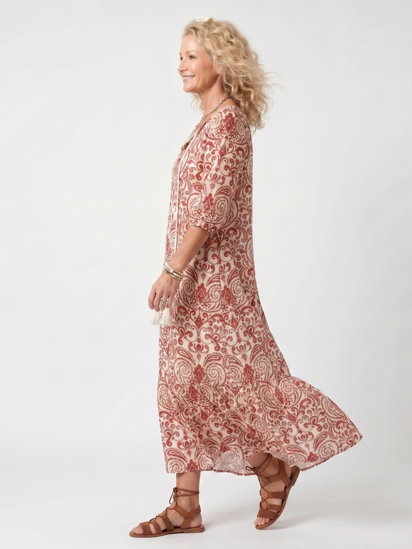 CELESTE | ORNATE PRINT TASSEL TIE MIDI DRESS