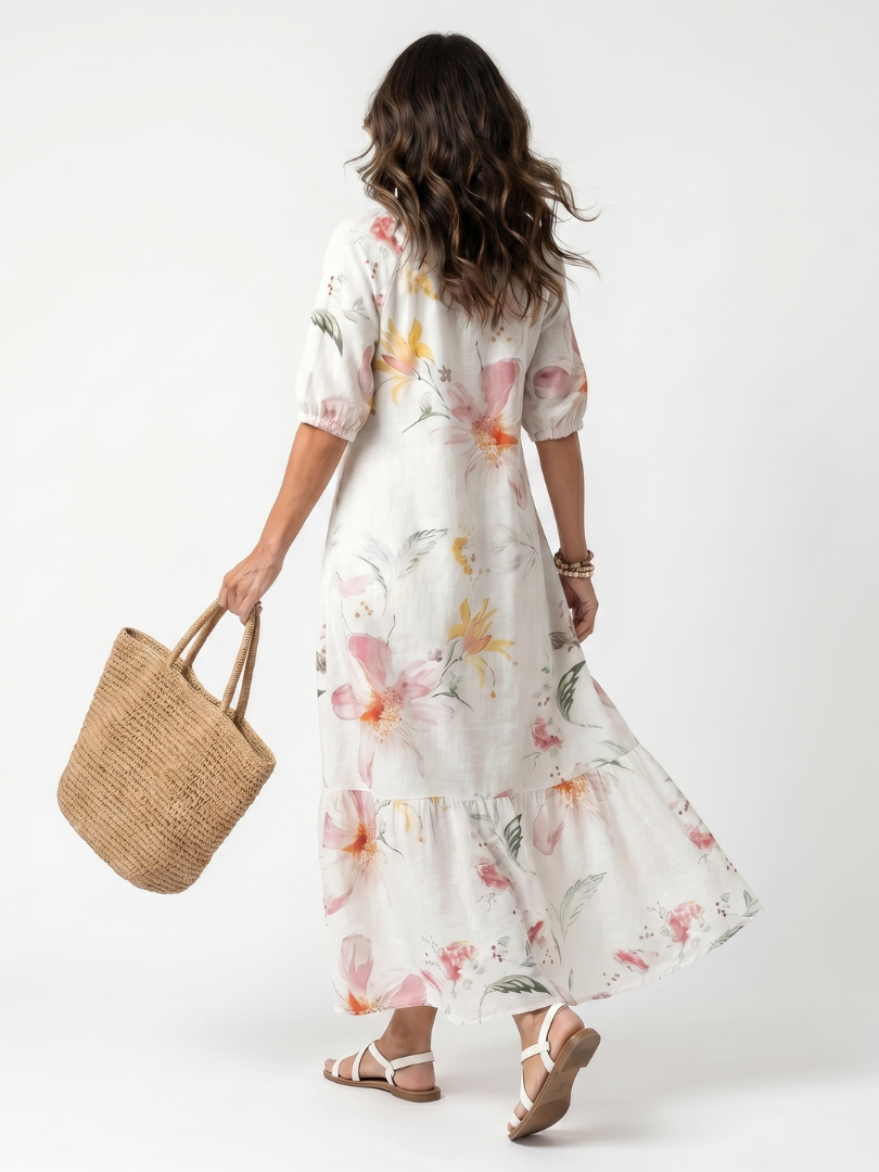VALENTINA | SOFT FLORAL TIERED TASSEL MIDI DRESS