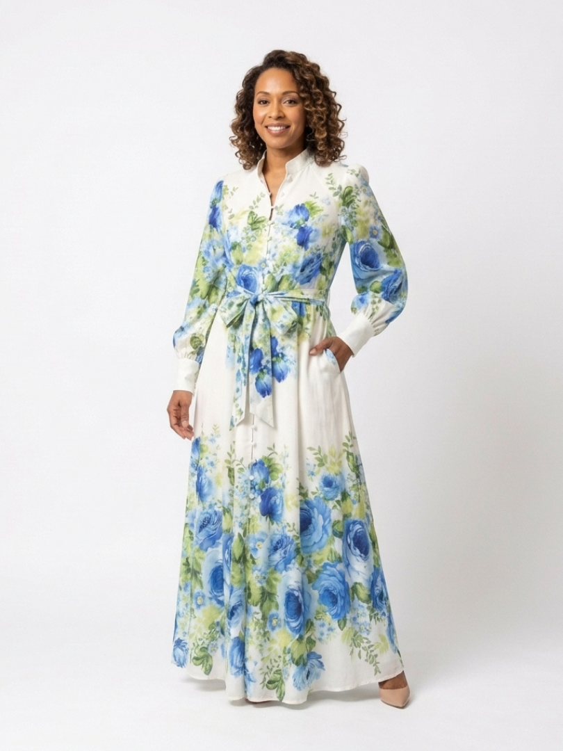 ZINNIA | LONG SLEEVE FLORAL BUTTON FRONT MAXI DRESS
