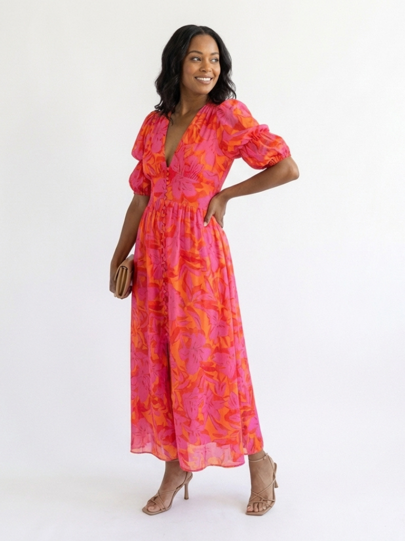 GENEVRA | FLORAL V NECK PUFF SLEEVE MIDI DRESS