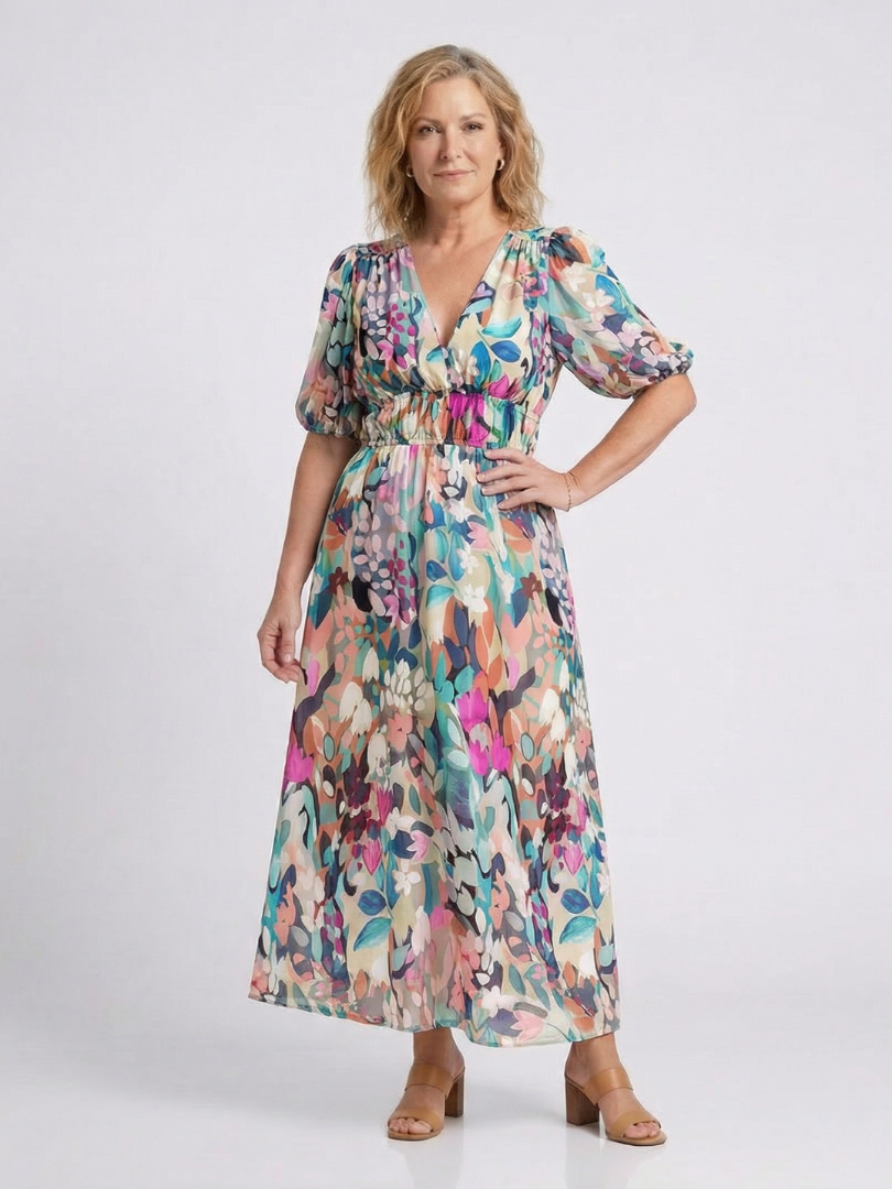 INES | V NECK SHORT SLEEVE GATHERED WAIST MIDI DRESS