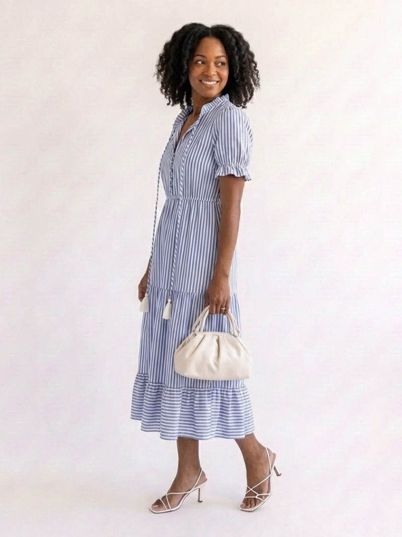 ANOUK | SHORT SLEEVE STRIPED TIERED MIDI DRESS