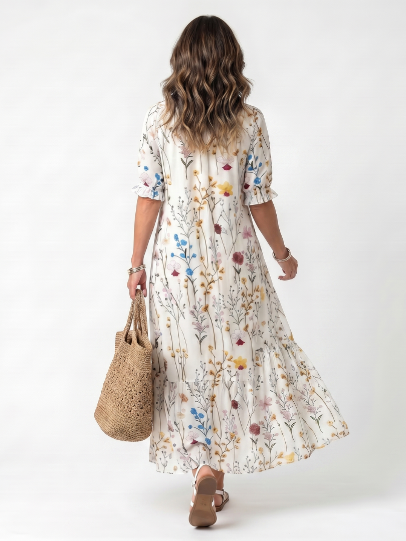 SERAPHINA | BOTANICAL PRINT TASSEL TIE MIDI DRESS