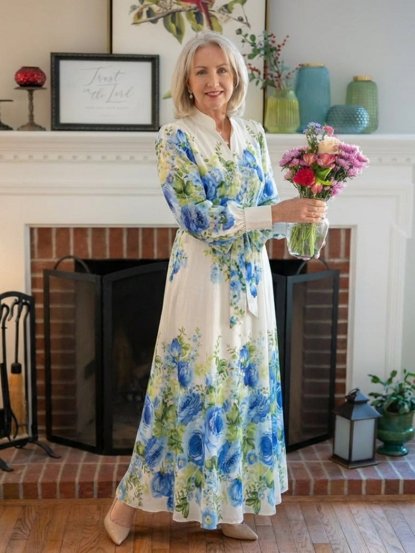 ZINNIA | LONG SLEEVE FLORAL BUTTON FRONT MAXI DRESS