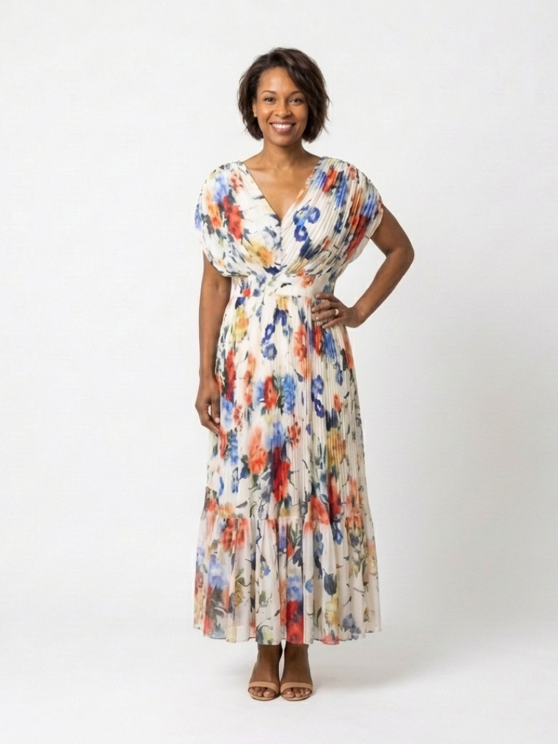 FAUSTINE | SHORT SLEEVE PLEATED FLORAL MIDI DRESS