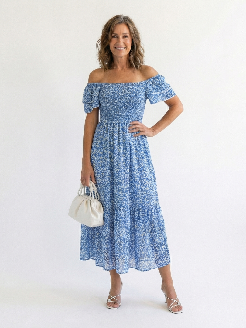 SOLVEIG | OFF SHOULDER FLORAL SMOCKED MIDI DRESS