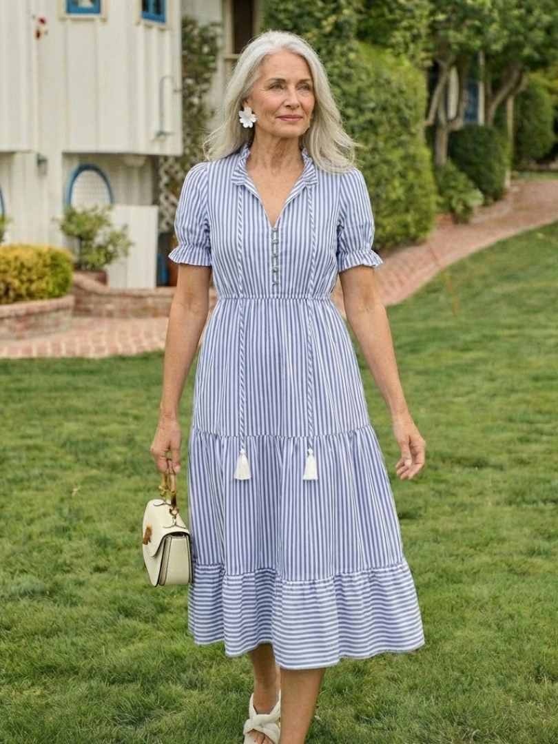 ANOUK | SHORT SLEEVE STRIPED TIERED MIDI DRESS