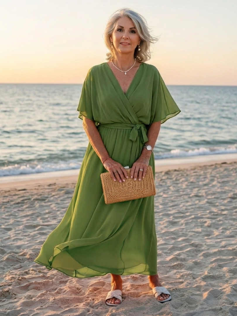 WILHELMINA | V NECK DRAPED WAIST TIE MIDI DRESS