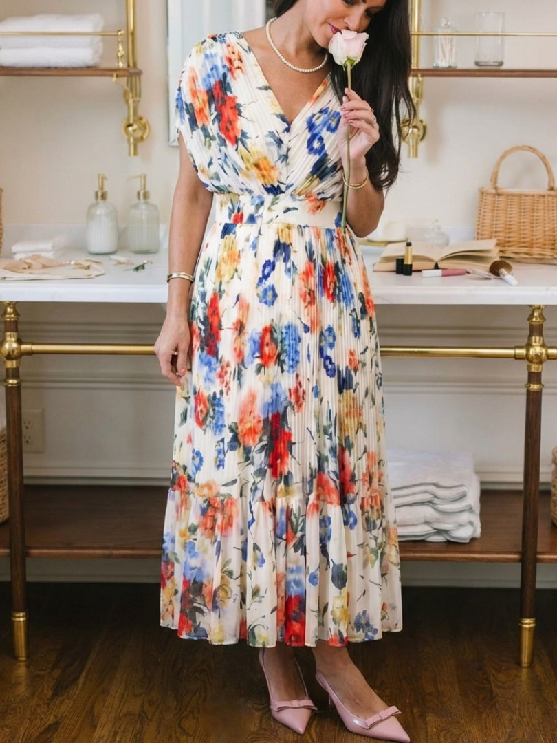 FAUSTINE | SHORT SLEEVE PLEATED FLORAL MIDI DRESS