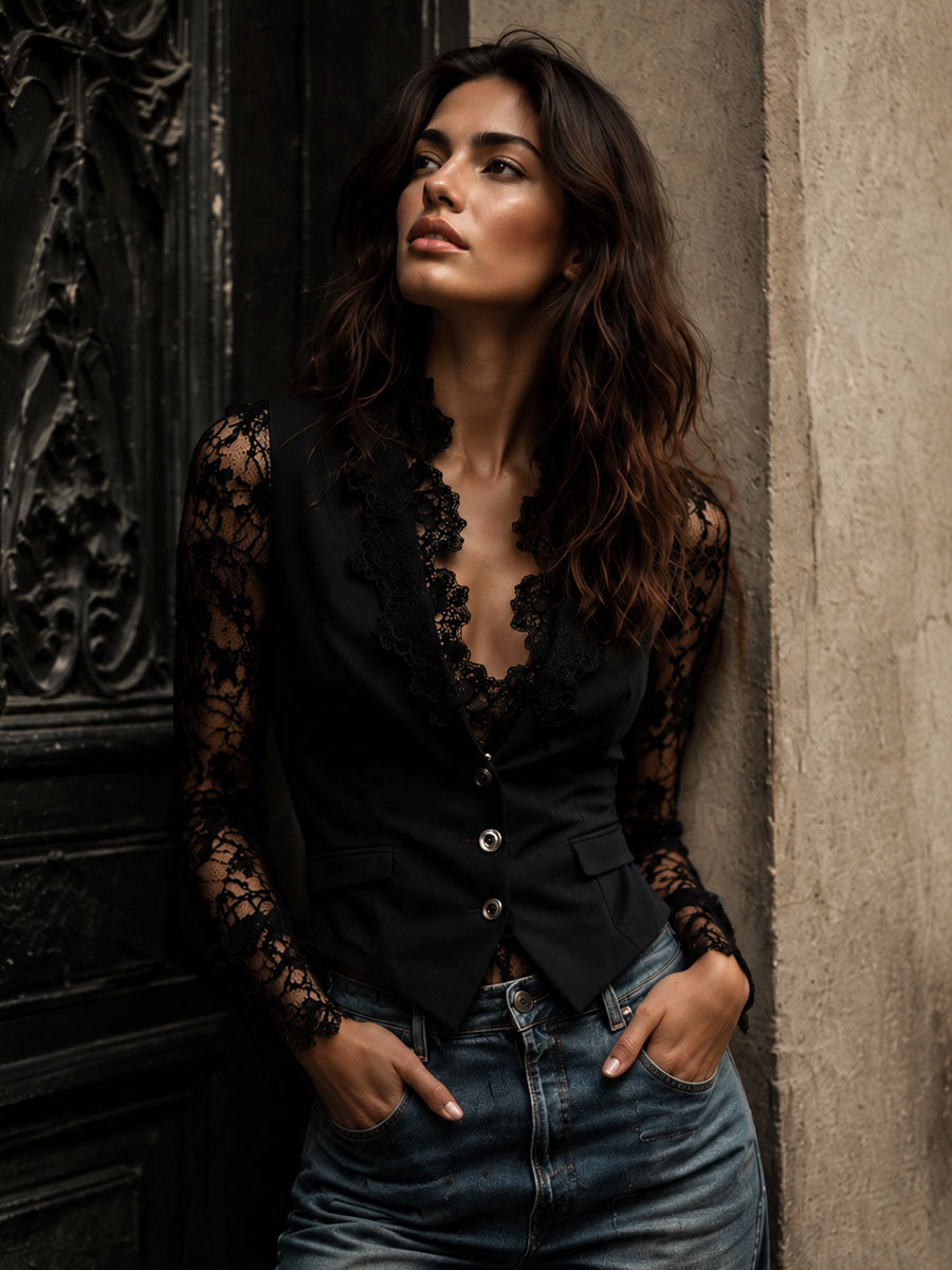 NOEMIE | STRUCTURED BLAZER TOP WITH SHEER SLEEVES