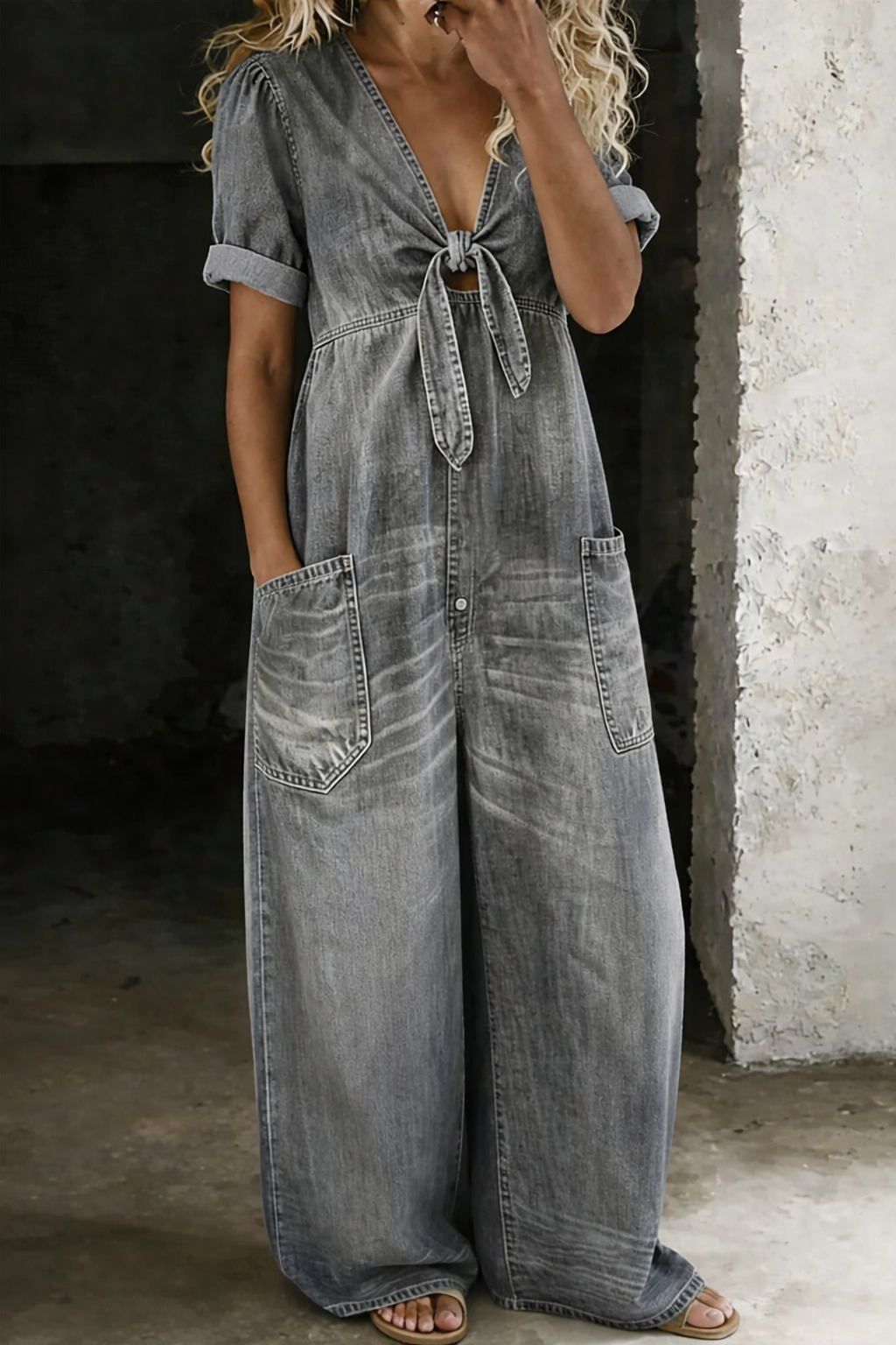 MAYE | DENIM V-NECK WIDE-LEG JUMPSUIT