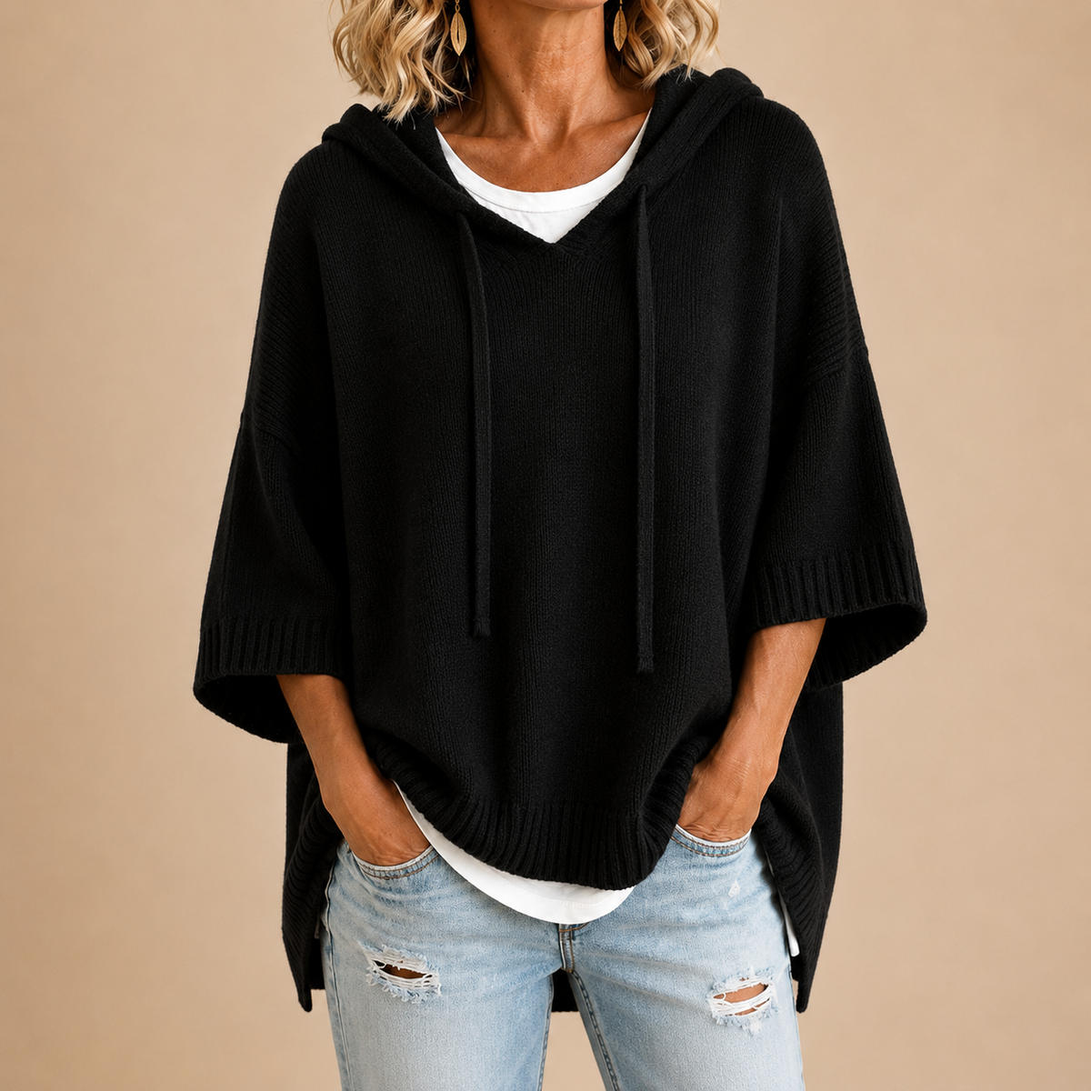 CLEMENTINE | HOODED PONCHO WITH THREE-QUARTER SLEEVES