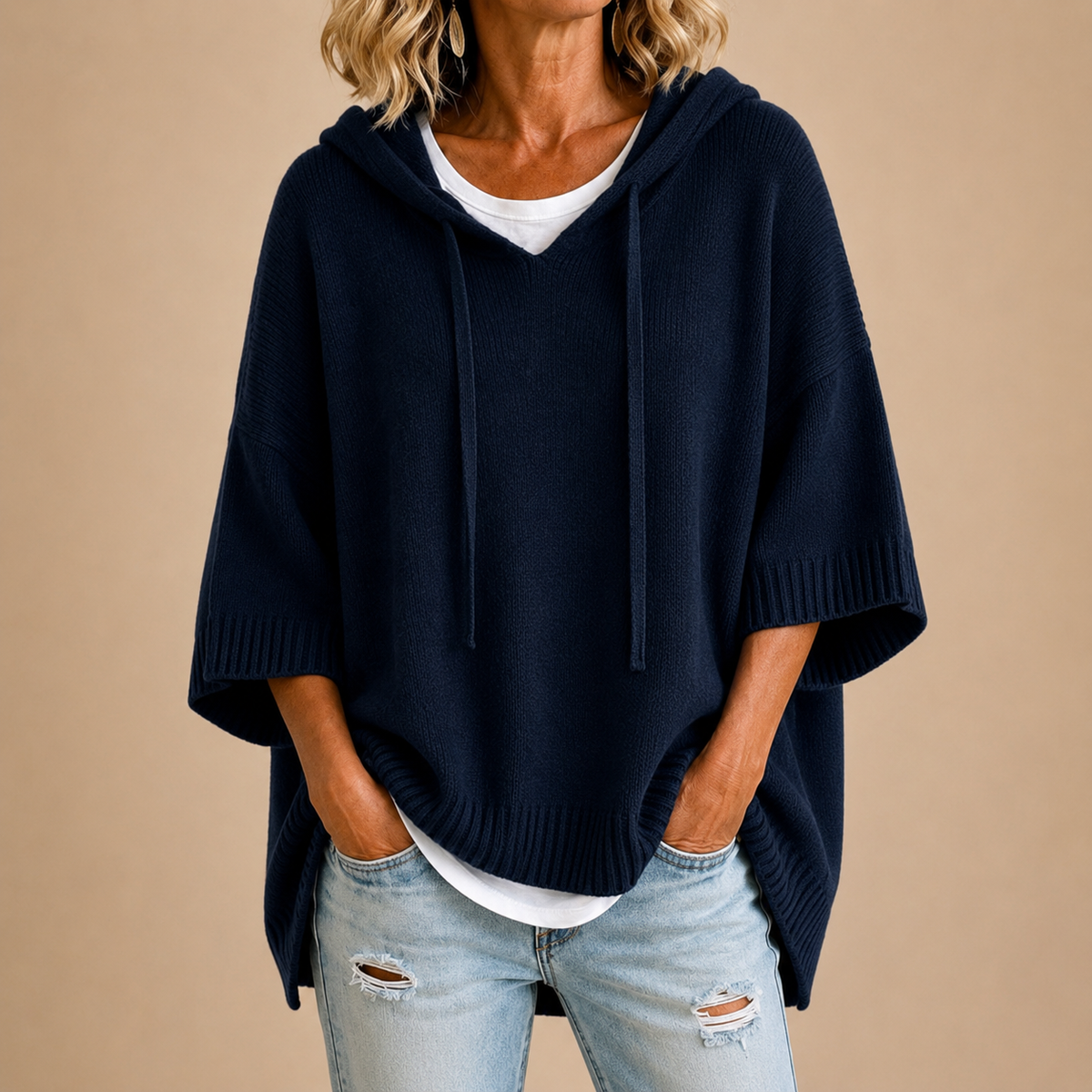 CLEMENTINE | HOODED PONCHO WITH THREE-QUARTER SLEEVES