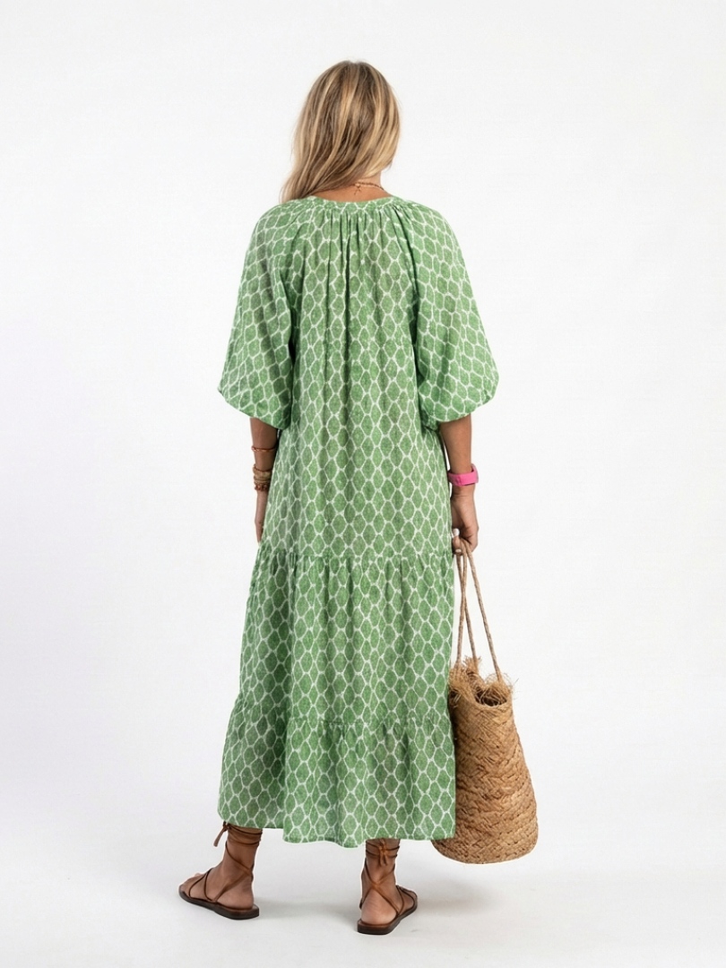 PERPETUA | THREE QUARTER SLEEVE V NECK PATTERNED MIDI DRESS