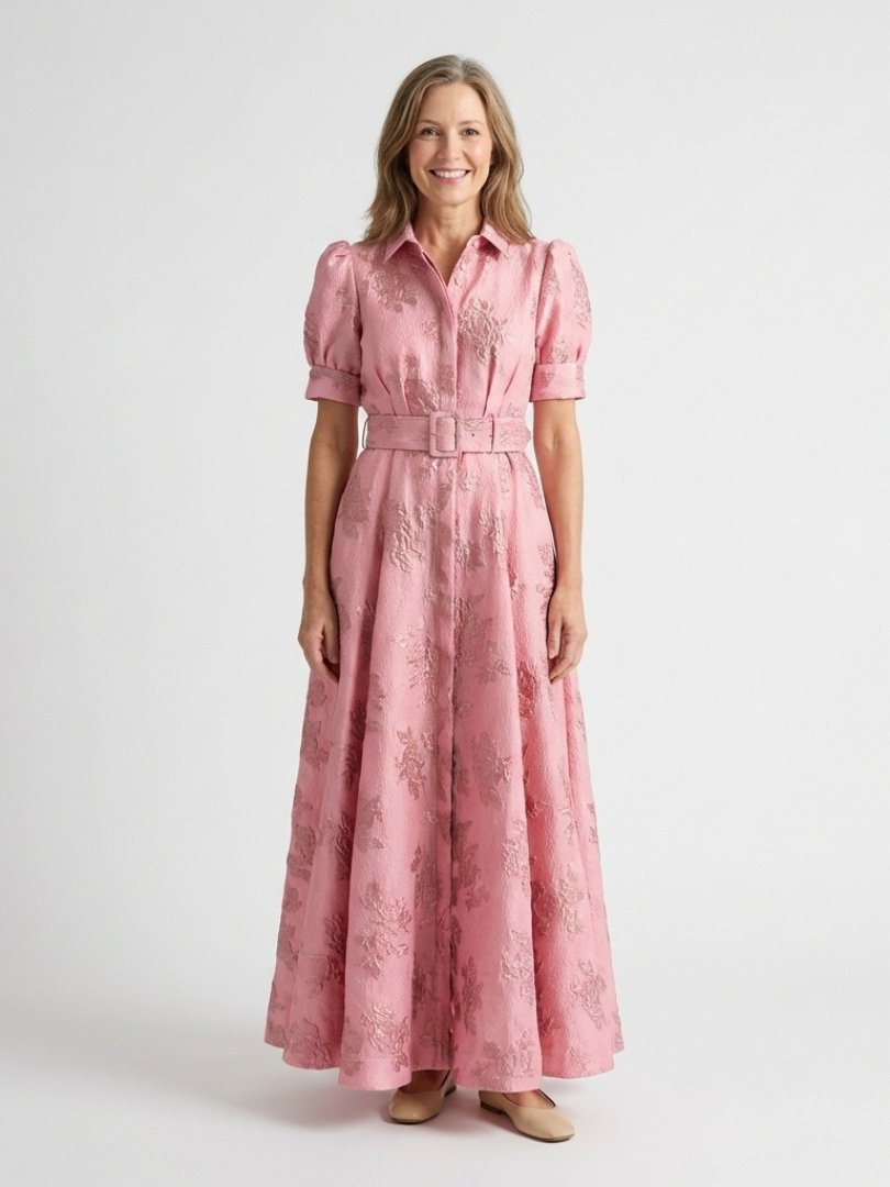 SAOIRSE | SHORT SLEEVE BELTED FLORAL TEXTURED MAXI SHIRT DRESS