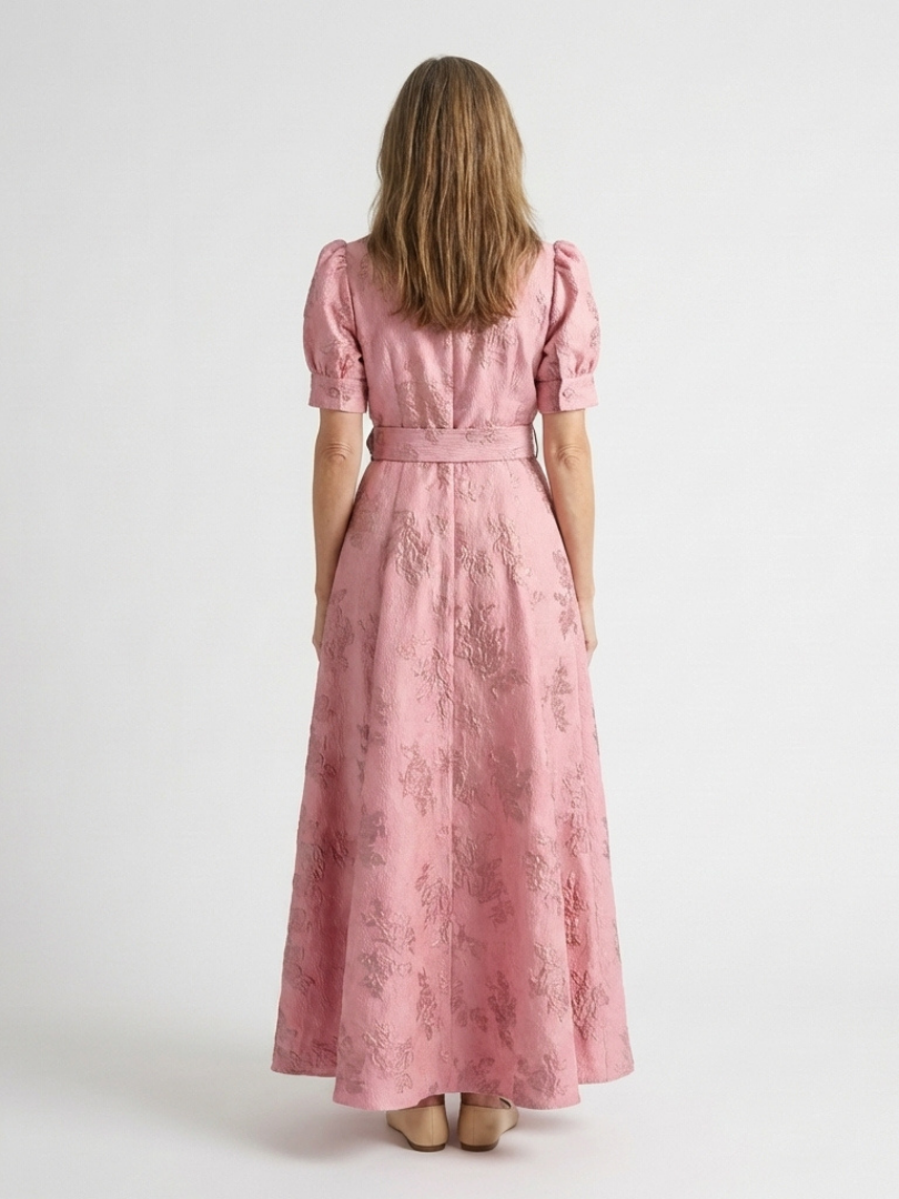 SAOIRSE | SHORT SLEEVE BELTED FLORAL TEXTURED MAXI SHIRT DRESS