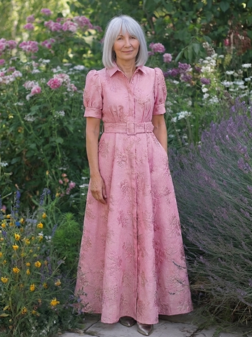 SAOIRSE | SHORT SLEEVE BELTED FLORAL TEXTURED MAXI SHIRT DRESS