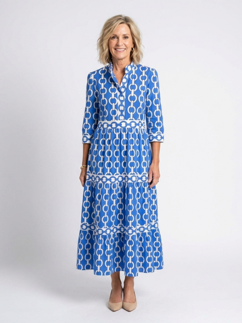 ROSALIND | THREE QUARTER SLEEVE CHAIN PATTERN MIDI DRESS